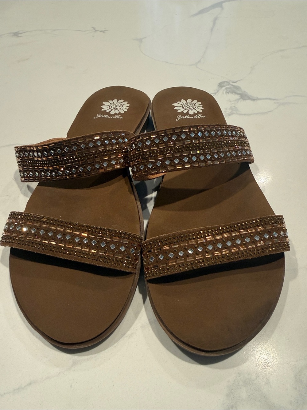 Yellow Box Brown Crystal Double-Strap Slide Sandals